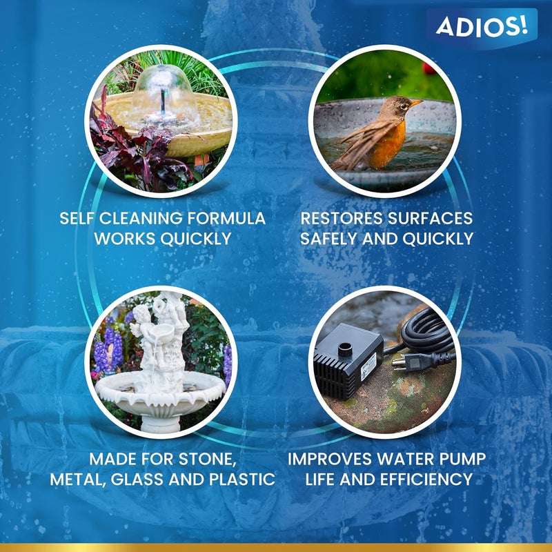 ADIOS! ! Fountain Scale Remover for Calcium, Lime and Hard Water Deposits on Bird Fountains, Baths and Water Features (16 oz) - Image 3